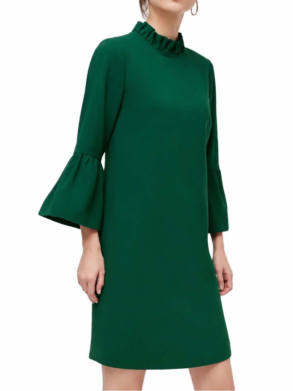 J.Crew Emerald Green Ruffle Mock Neck Bell Sleeve Shift Dress Size 2